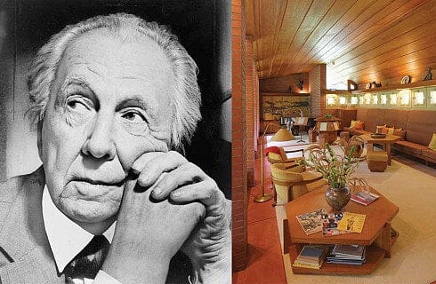 Black and white historical photograph of a man with white hair next to an image of a wood-paneled sitting area.